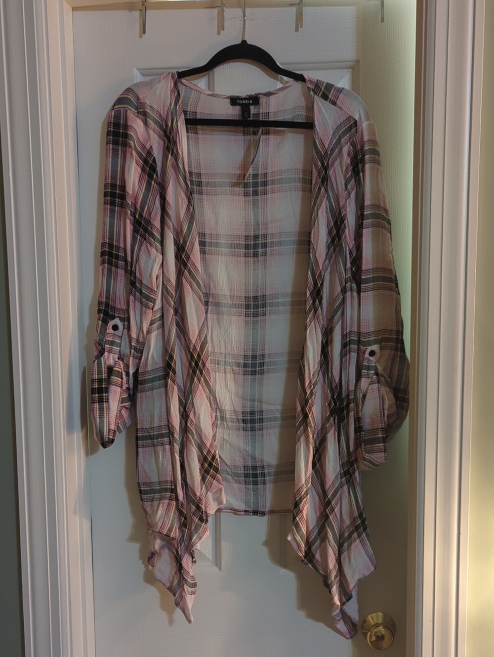 torrid Pink and Black Plaid Draped Open Cardigan
